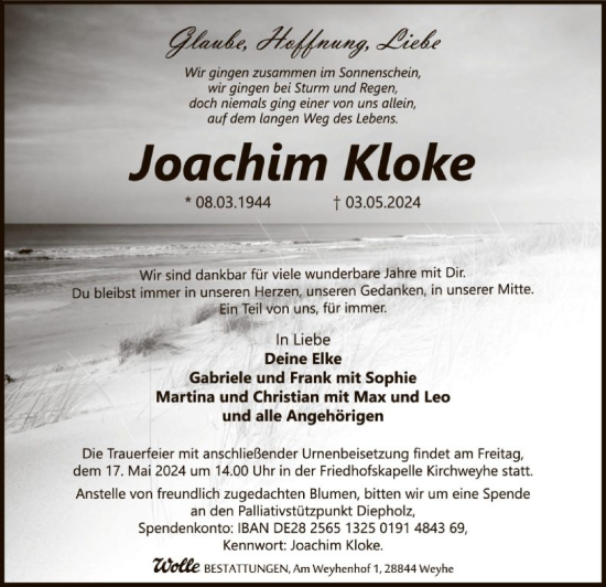 Todesanzeige von Joachim Kloke von SYK