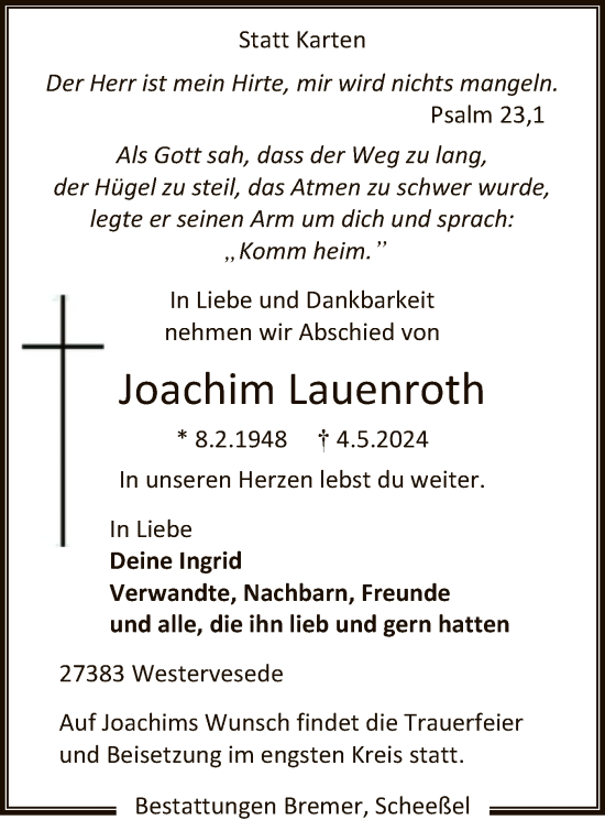 Todesanzeige von Joachim Lauenroth von SYK