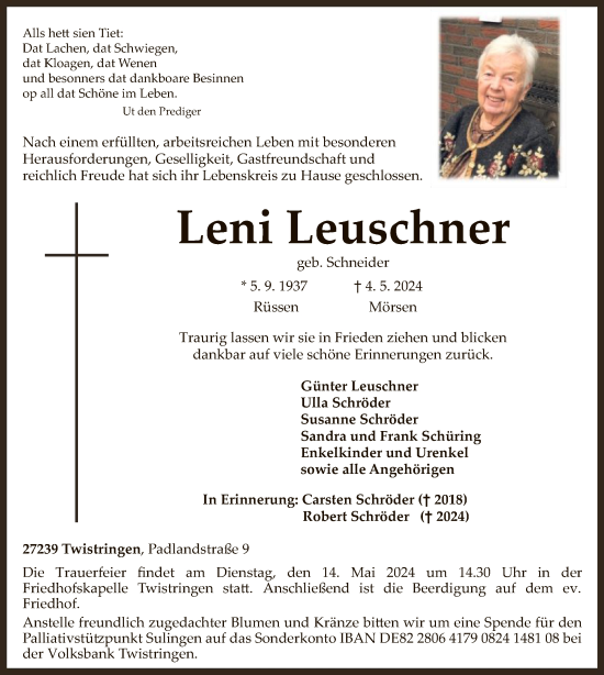Todesanzeige von Leni Leuschner von SYK