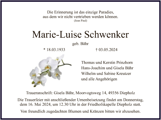 Todesanzeige von Marie-Luise Schwenker von SYK