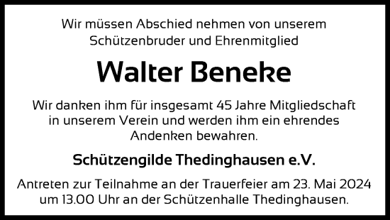 Todesanzeige von Walter Beneke von SYK