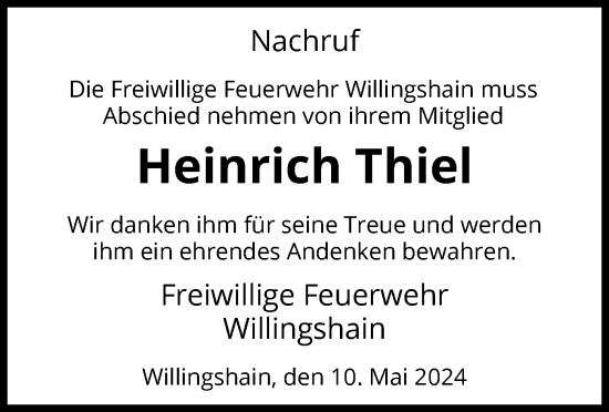 Todesanzeige von Heinrich Thiel von HZ