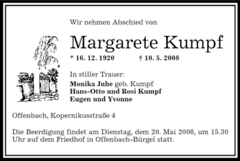 Todesanzeige von Margarete Kumpf von OFFENBACH-POST/HANAU-POST