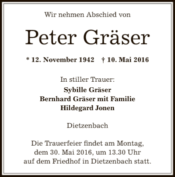 Todesanzeige von Peter Gräser von Offenbach