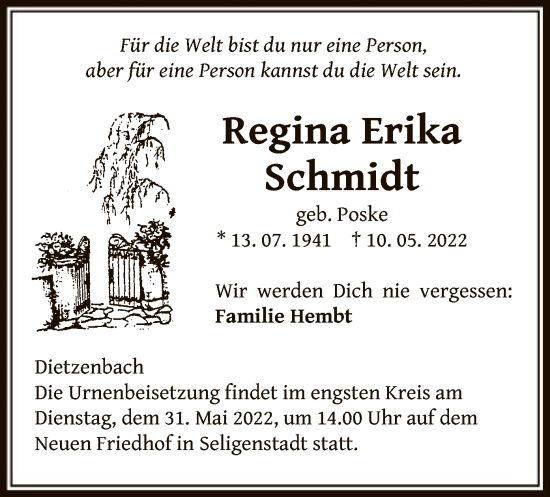 Todesanzeige von Regina Erika Schmidt von OF