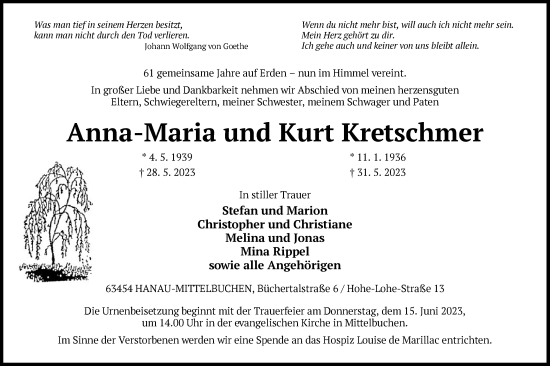 Todesanzeige von Anna-Maria und Kurt Kretschmer von OF