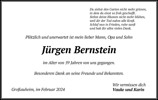 Todesanzeige von Jürgen Bernstein von OF