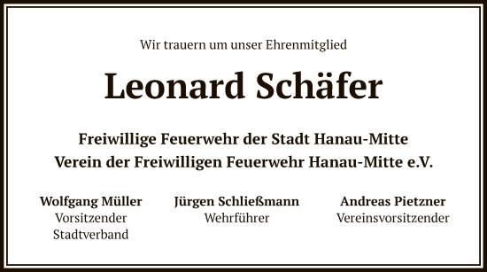 Todesanzeige von Leonard Schäfer von OF