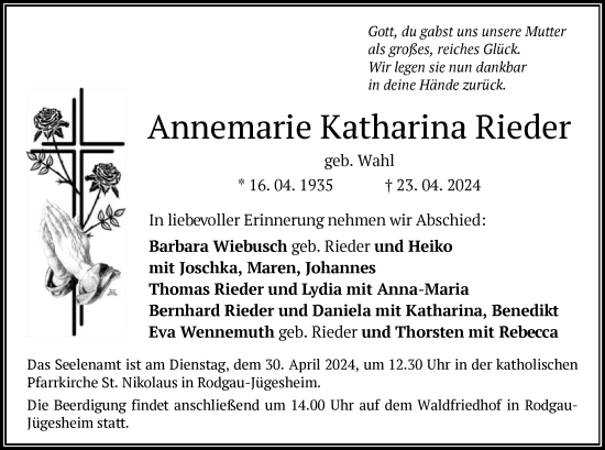 Todesanzeige von Annemarie Katharina Rieder von OF