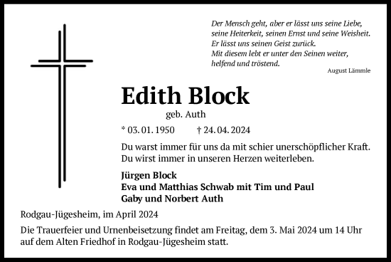 Todesanzeige von Edith Block von OF