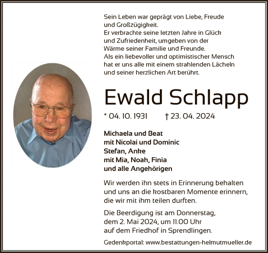 Todesanzeige von Ewald Schlapp von OF