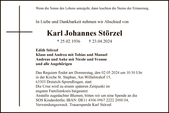 Todesanzeige von Karl Johannes Störzel von OF