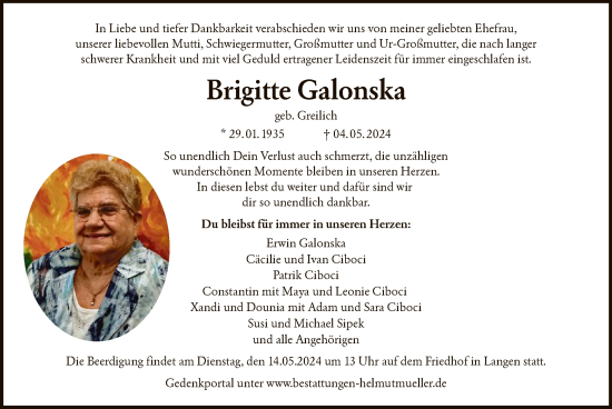 Todesanzeige von Brigitte Galonska von OF