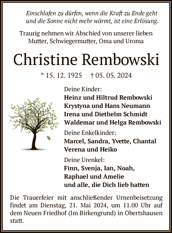 Todesanzeige von Christine Rembowski von OF
