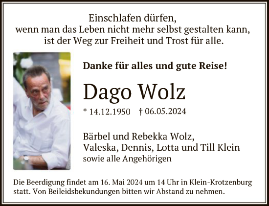 Todesanzeige von Dago Wolz von OF