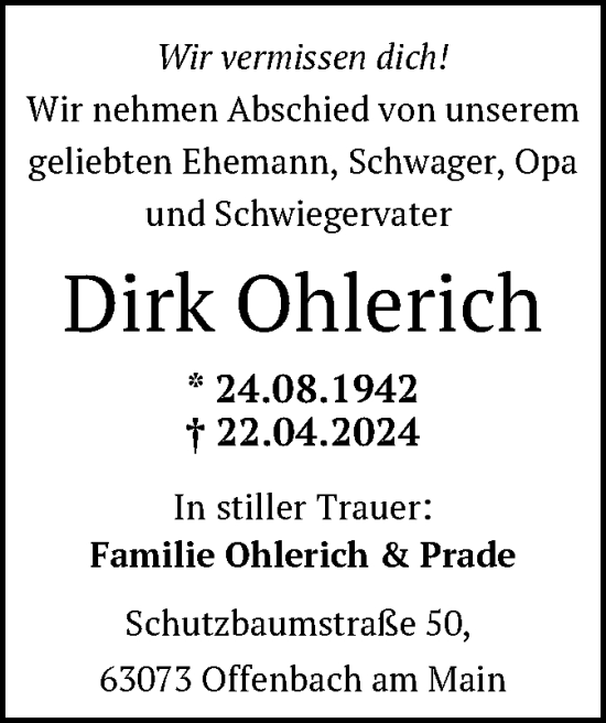 Todesanzeige von Dirk Ohlerich von OF