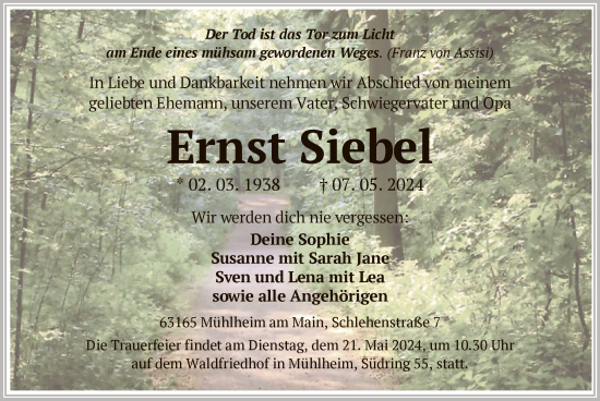 Todesanzeige von Ernst Siebel von OF