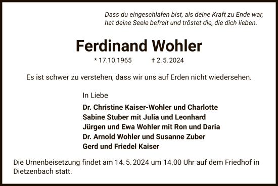 Todesanzeige von Ferdinand Wohler von OF