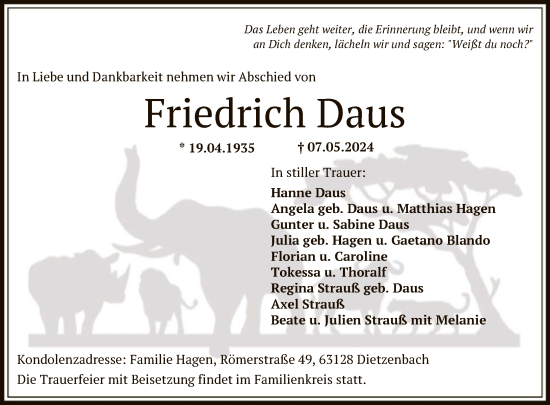 Todesanzeige von Friedrich Daus von OF