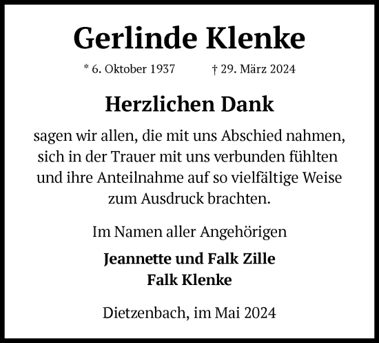 Todesanzeige von Gerlinde Klenke von OF
