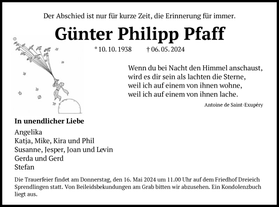 Todesanzeige von Günter Philipp Pfaff von OF
