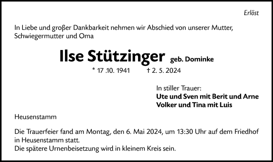 Todesanzeige von Ilse Stützinger von OF