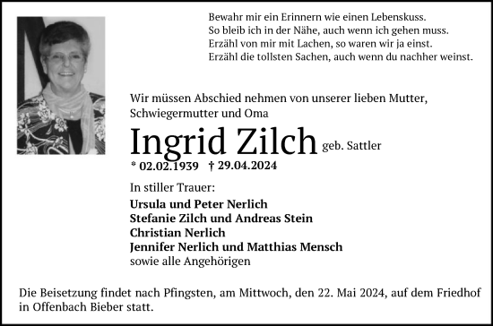 Todesanzeige von Ingrid Zilch von OF