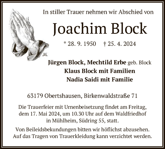 Todesanzeige von Joachim Block von OF