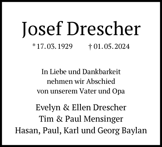 Todesanzeige von Josef Drescher von OF
