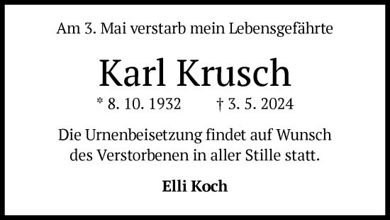 Todesanzeige von Karl Krusch von OF