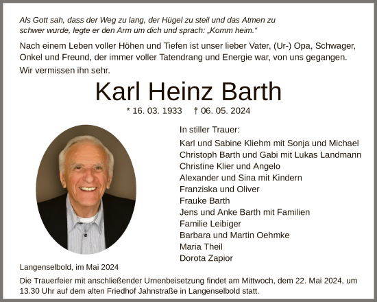 Todesanzeige von Karl Heinz Barth von OF