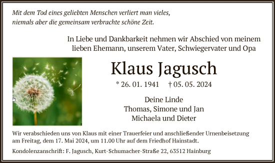 Todesanzeige von Klaus Jagusch von OF