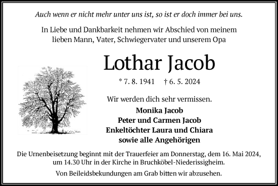Todesanzeige von Lothar Jacob von OF