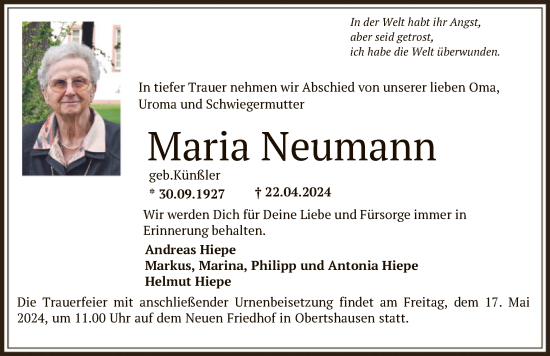 Todesanzeige von Maria Neumann von OF