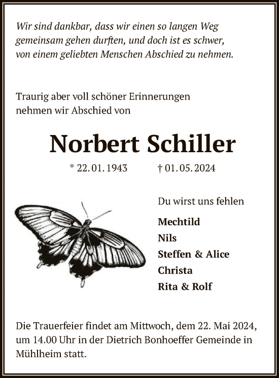 Todesanzeige von Norbert Schiller von OF