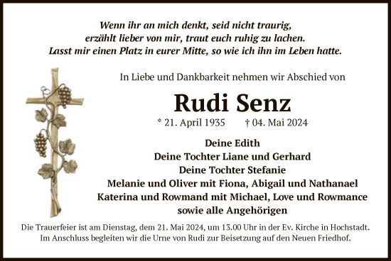 Todesanzeige von Rudi Senz von OF