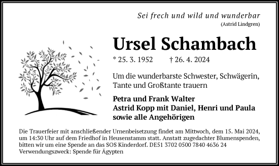 Todesanzeige von Ursel Schambach von OF