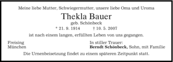 Todesanzeige von Thekla Bauer von MERKUR & TZ