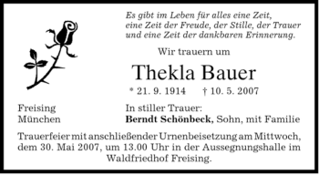 Todesanzeige von Thekla Bauer von MERKUR & TZ