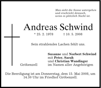Todesanzeige von Andreas Schwind von MERKUR & TZ