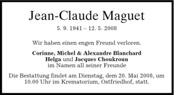 Todesanzeige von Jean-Claude Maguet von DORFENER NACHRICHTEN