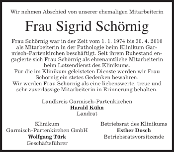 Todesanzeige von Sigrid Schörnig von MERKUR & TZ
