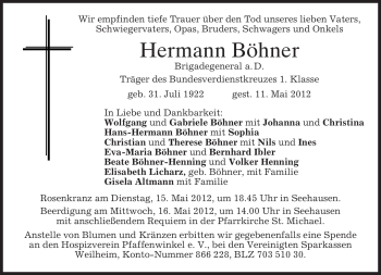 Todesanzeige von Hermann Böhner von MERKUR & TZ
