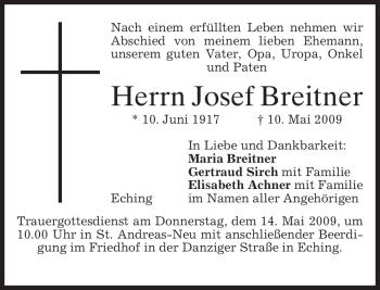 Todesanzeige von Josef Breitner von MERKUR & TZ