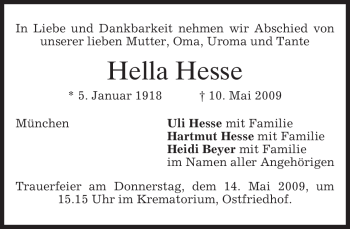Todesanzeige von Hella Hesse von MERKUR & TZ