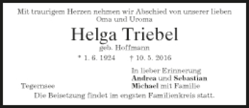 Todesanzeige von Helga Triebel von Münchener Merkur