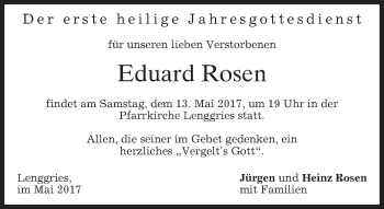 Todesanzeige von Eduard Rosen von merkurtz