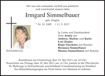 Todesanzeige von Irmgard Simmelbauer von merkurtz