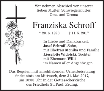 Todesanzeige von Franziska Schroff von merkurtz