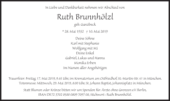Todesanzeige von Ruth Brunnhölzl von merkurtz